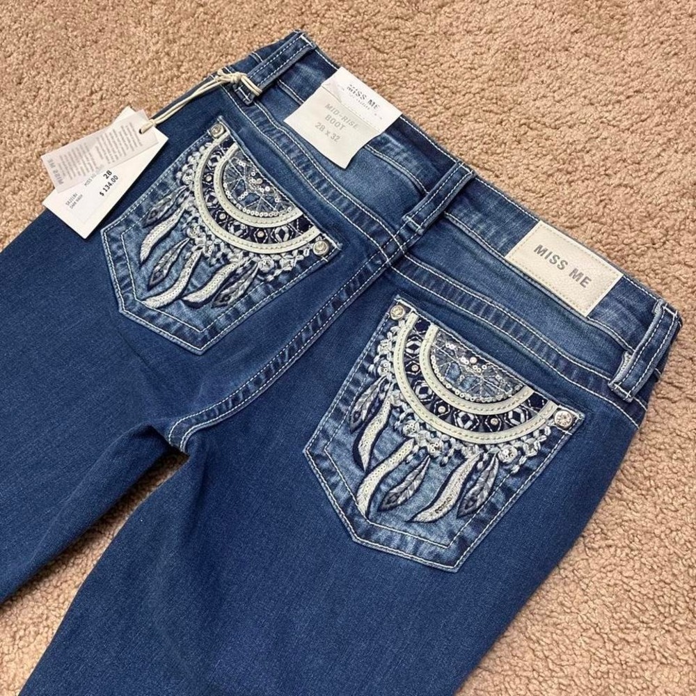 New With Tags Miss Me Mid Rise Boot Blue Stretch Jeans Size 28 Western Y2K Style